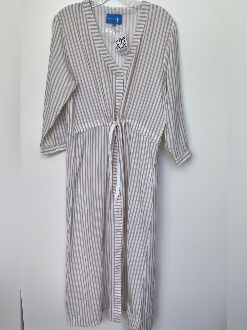 Alice Walk Striped Button-Front Maxi Shirt Dress in Beige & White